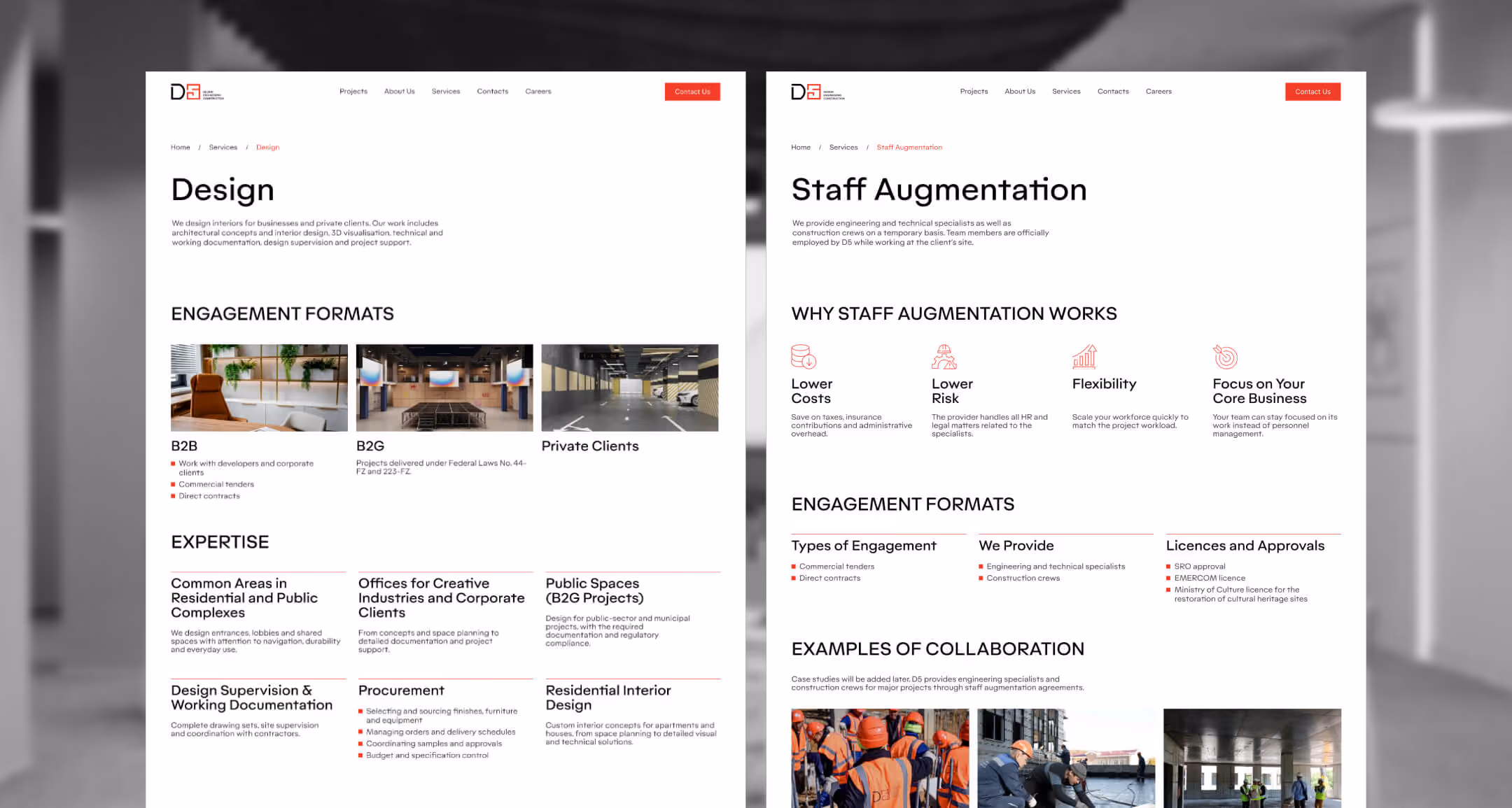 D5 Group design and staff augmentation pages showing expertise and collaboration options.