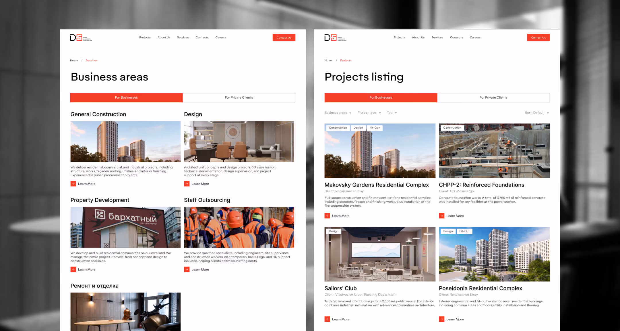 D5 Group business areas and project catalogue with service categories and project filters.