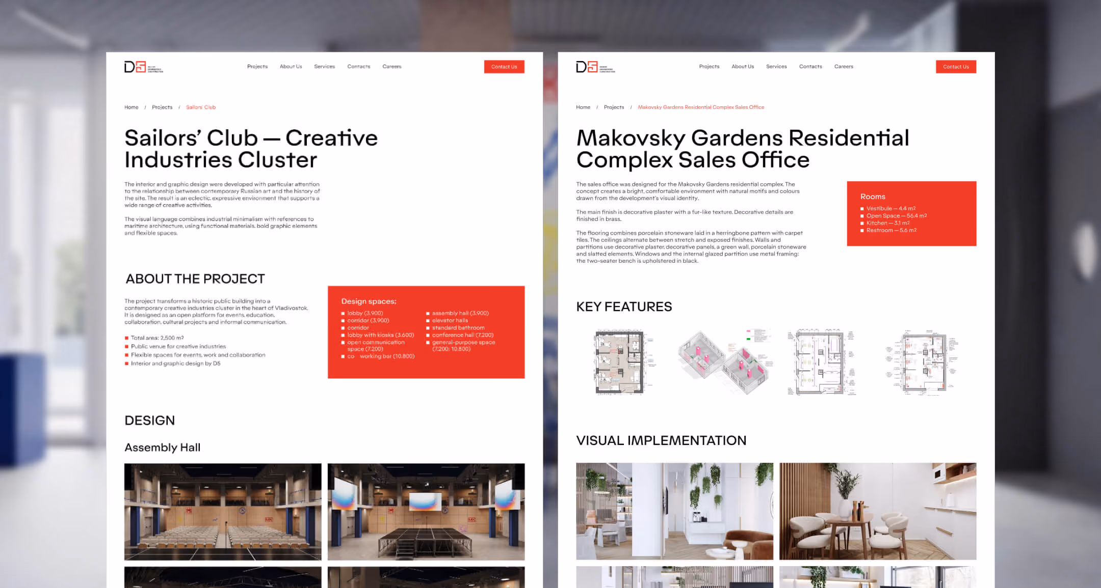 D5 Group project detail pages for Sailors’ Club and the Makovsky Gardens sales office.